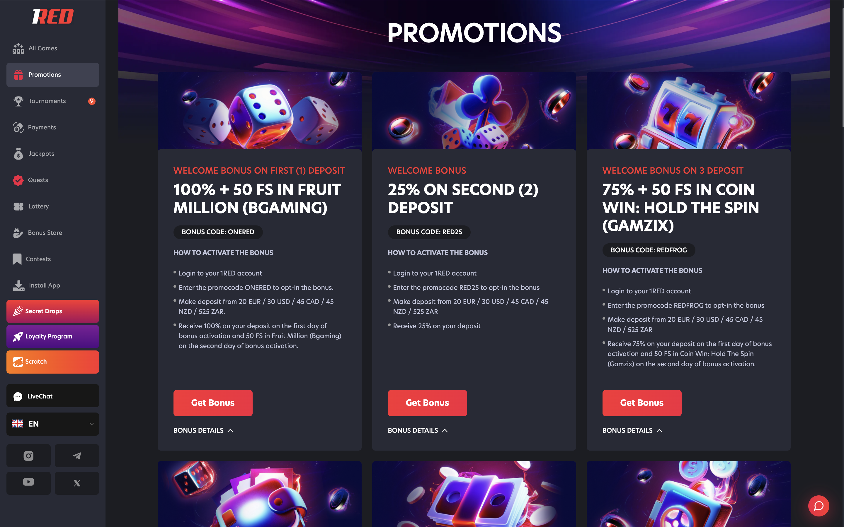 1Red Casino Bonuses and Promotions Banner